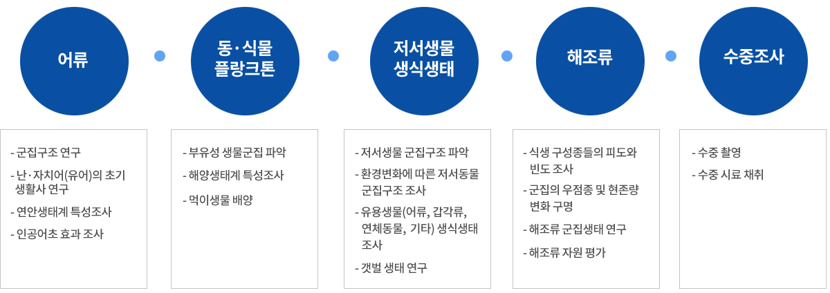 어류(군집구조연구, 난·자치어*(유어)의 초기생활사 연구, 연안생태계 특성조사, 인공어초 효과조사), 동·식물 플랑크톤(부유성 생물군집 파악, 해양생태계 특성조사, 먹이생물 배양)  /></p>
						<div class=